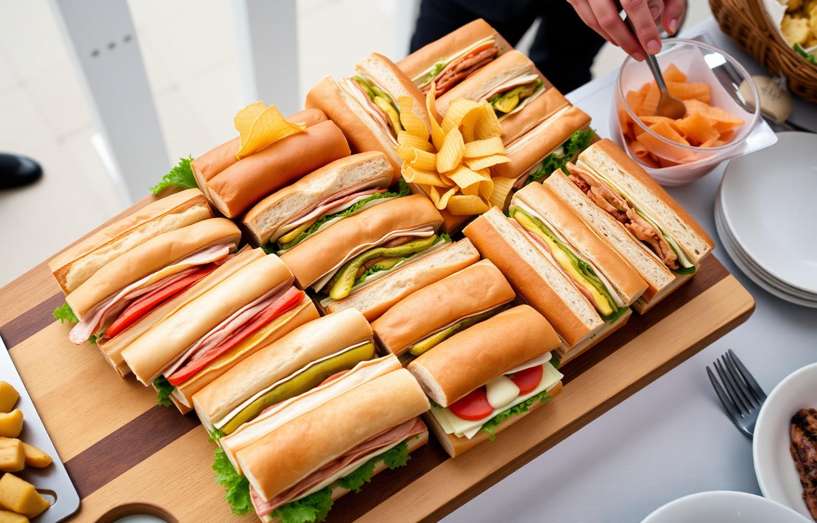 Large catering platter of quartered sub sandwiches