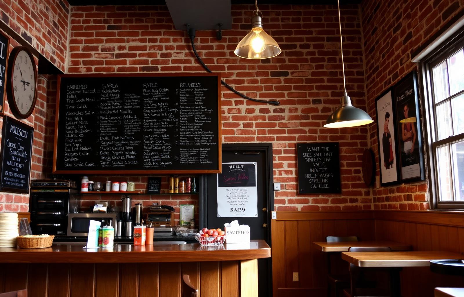 Cozy sandwich shop interior with brick wall and chalkboard menu